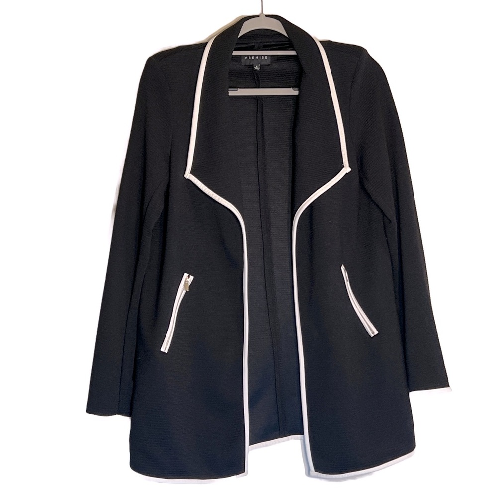 Premise dress jacket hip length black with white trim, pockets S